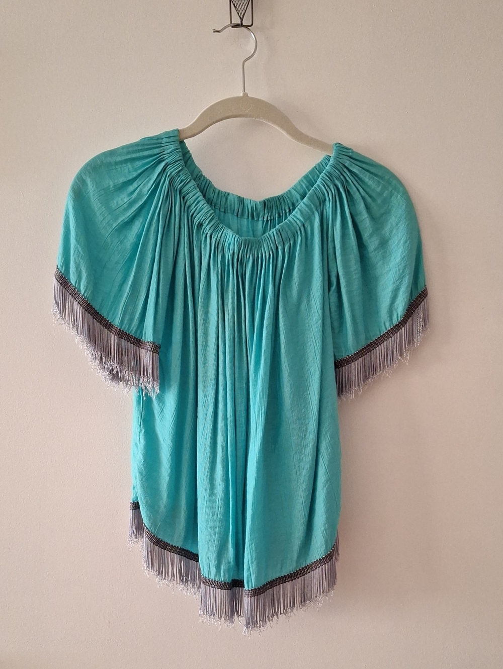 Seafoam Green Peasant Top With Fringe Trim - Women